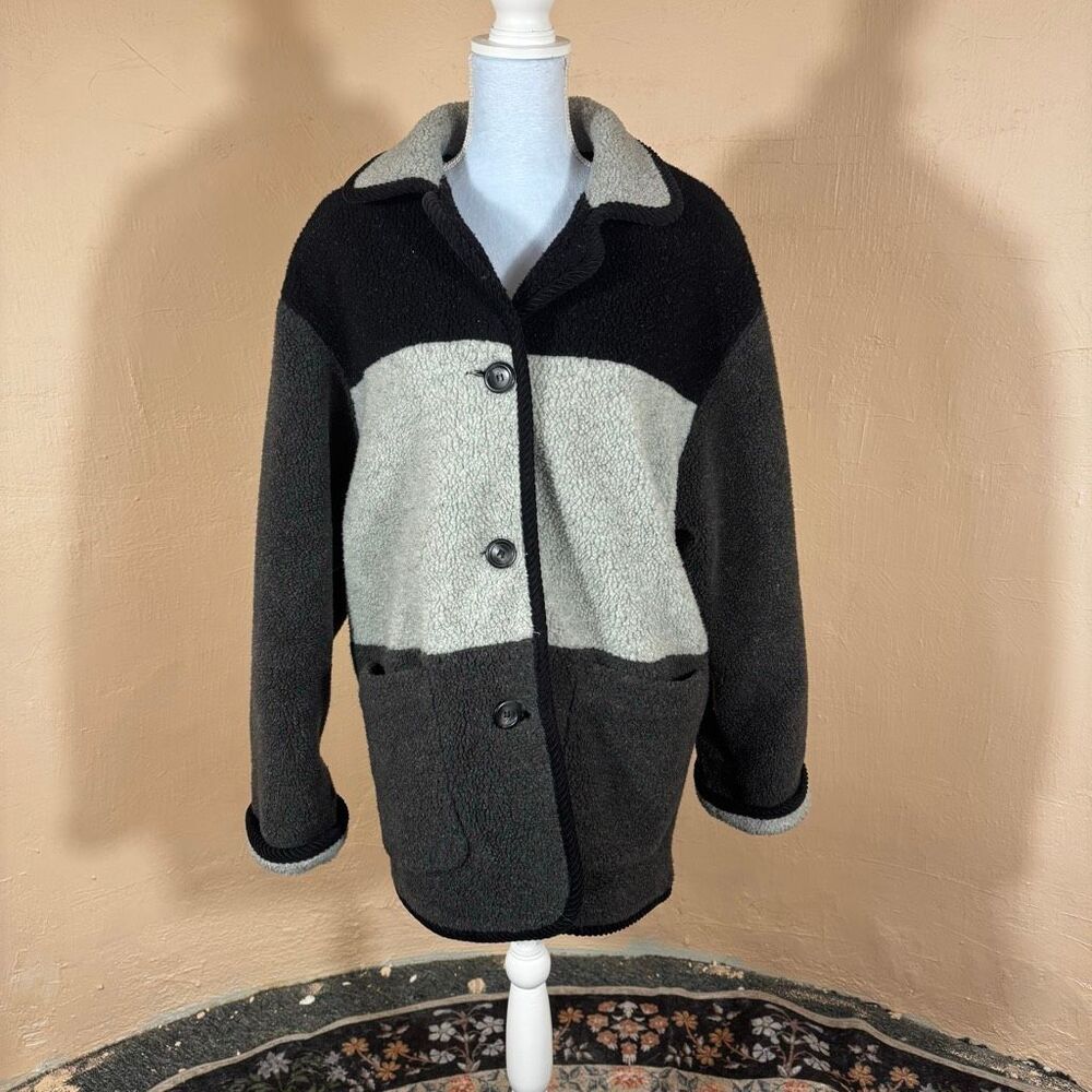 Sandro Teddy Sherpa Colorblock Coat – Black & Grey | Button Front | Size 16